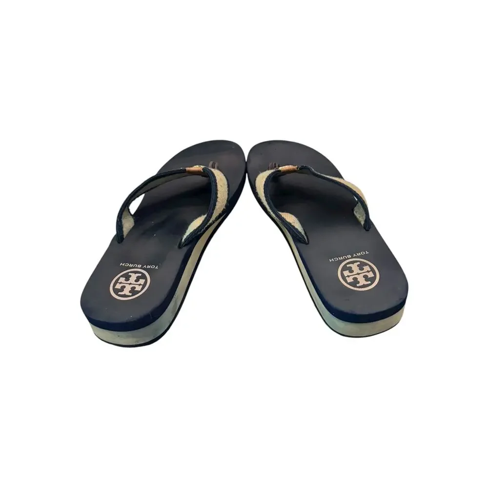 Tory Burch Frankie Wedge Flip Flop Sandals Navy Tan Women’s Sz 8